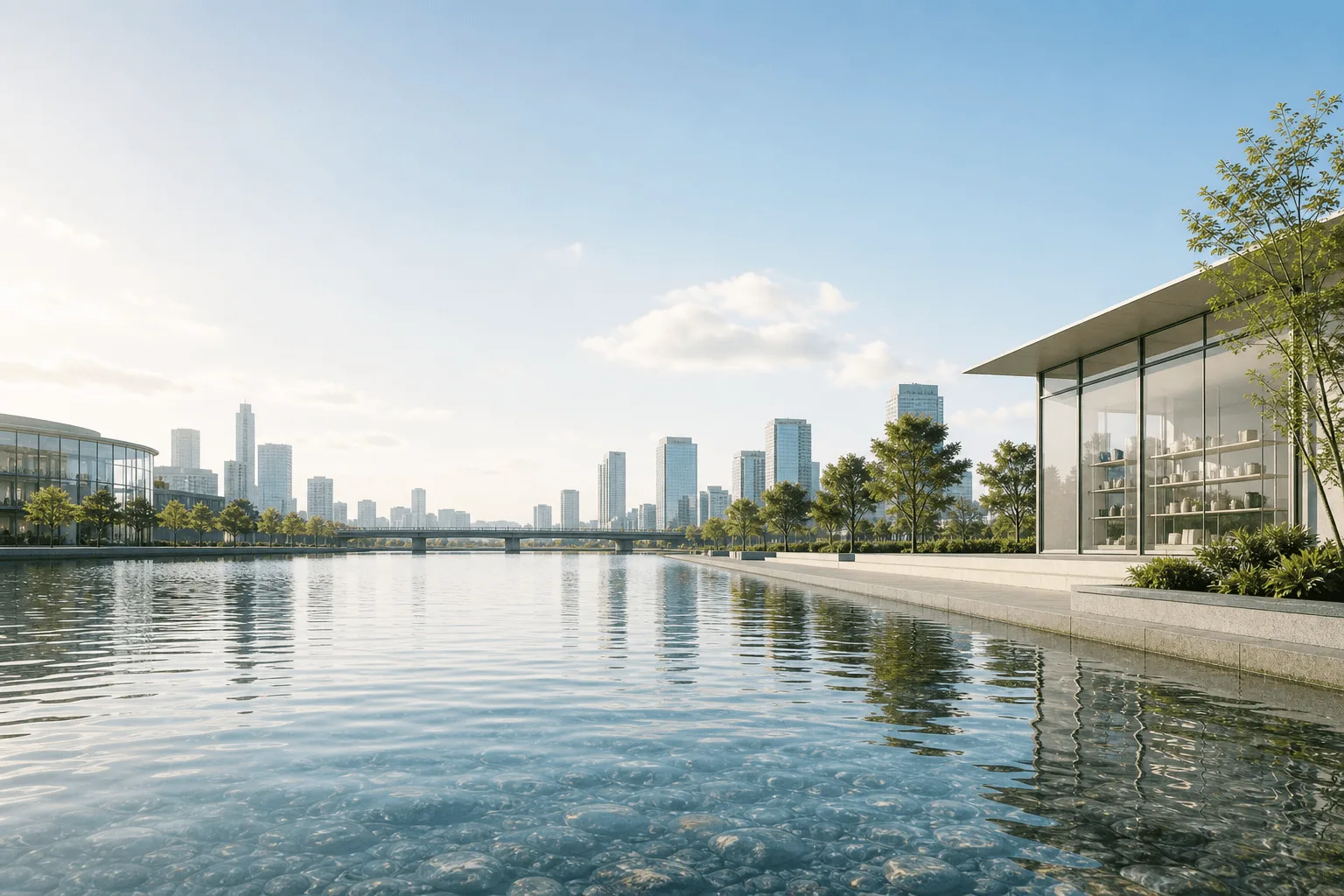 水辺と都市、小売の未来を感じる情景